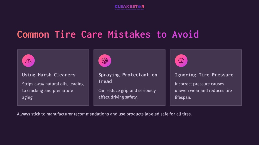 Text Layout Featuring Three Sections On Tire Care Mistakes: Harsh Cleaners, Tread Protectant, And Tire Pressure, With Colorful Icons And Titles.