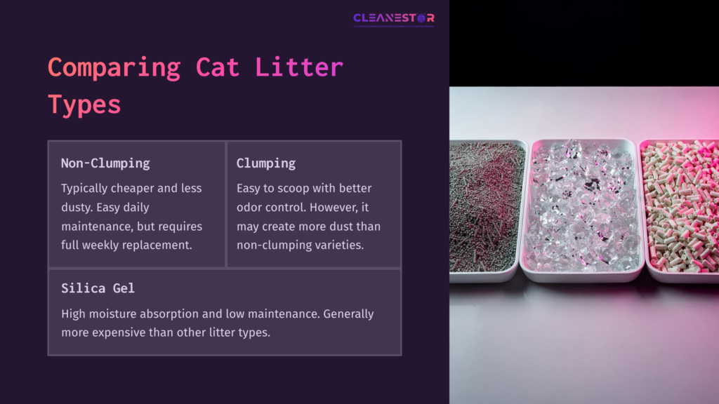 Two Trays Of Cat Litter Side By Side: One Filled With Non-Clumping Crystal Litter And The Other With Clumping Granules, With A Dark Background.