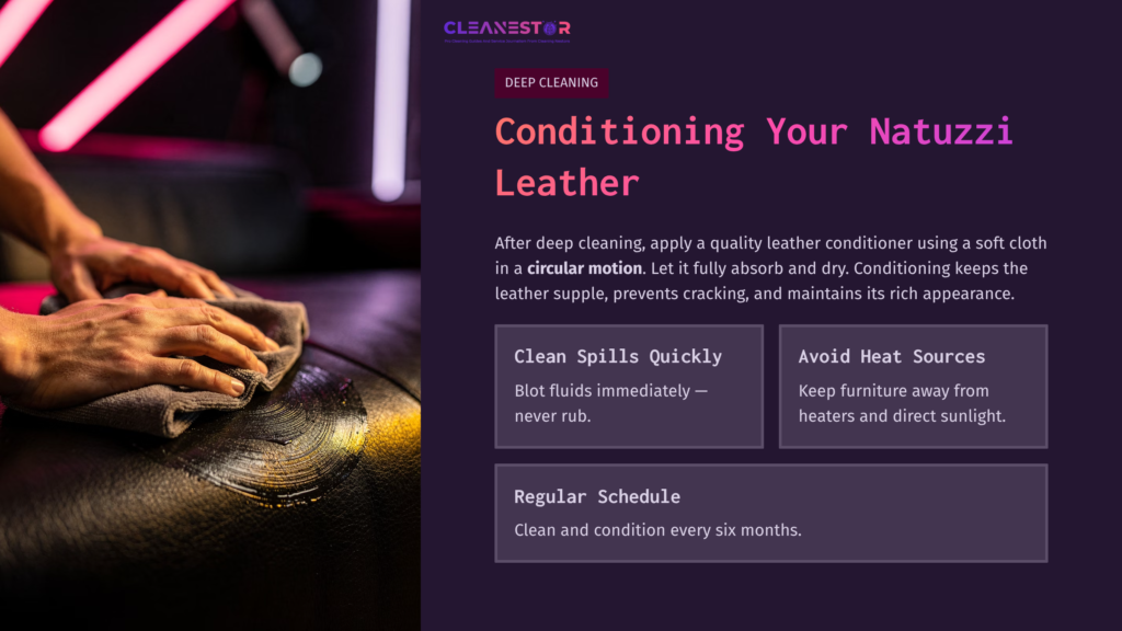 A Person Cleaning A Leather Couch With A Soft Cloth, Featuring Tips On Caring For Natuzzi Leather In A Purple And Dark Layout.