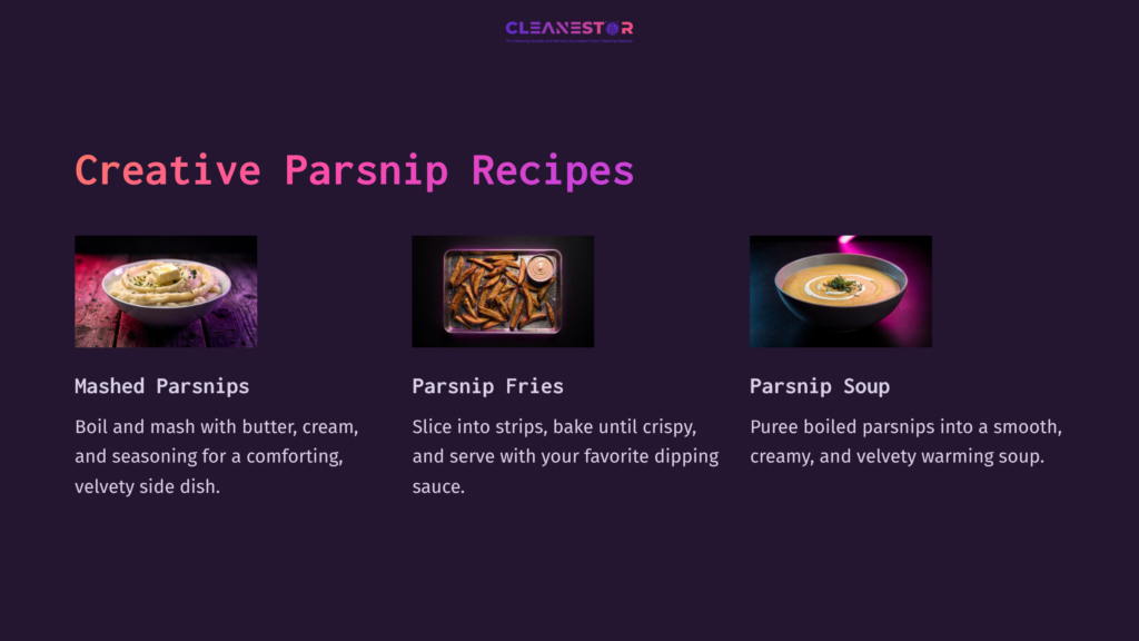 Three Parsnip Dishes: Mashed In A Bowl, Crispy Fries On A Plate, And Creamy Soup In A Shallow Bowl, All On A Dark Purple Background.