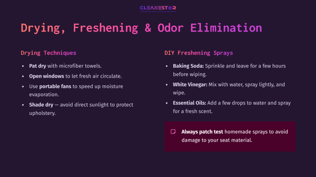 Purple Background With Text Detailing Cleaning Techniques, Including Drying, Freshening Sprays, And Ingredient Instructions For Car Seats.