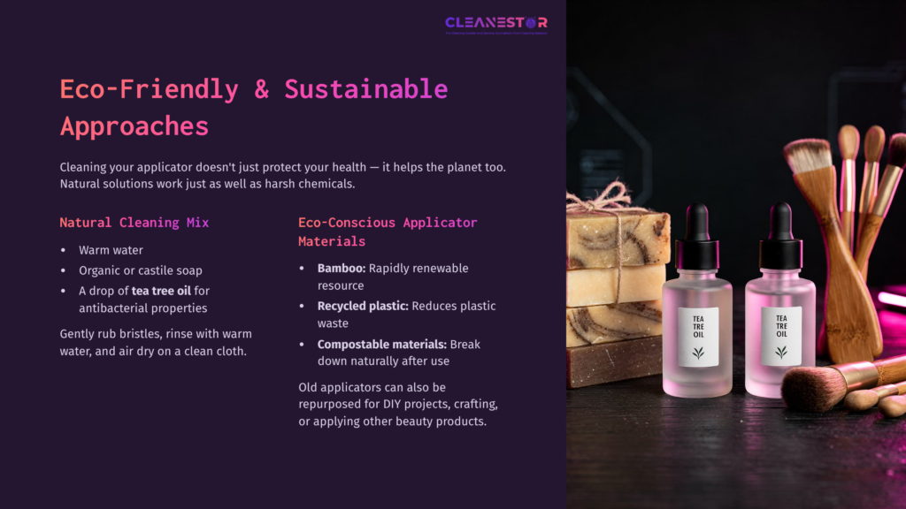9 Eco Friendly And Sustainable Approaches A Clean, Organized Layout Featuring Bamboo And Recycled Materials, With Natural Cleaning Instructions And Beauty Tools On A Purple Background.