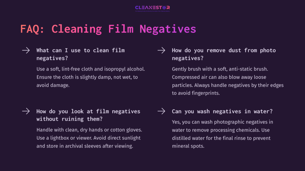 Purple Background With White Text Detailing Faqs On Cleaning Film Negatives, Featuring Tips On Cleaning Tools And Handling Techniques.