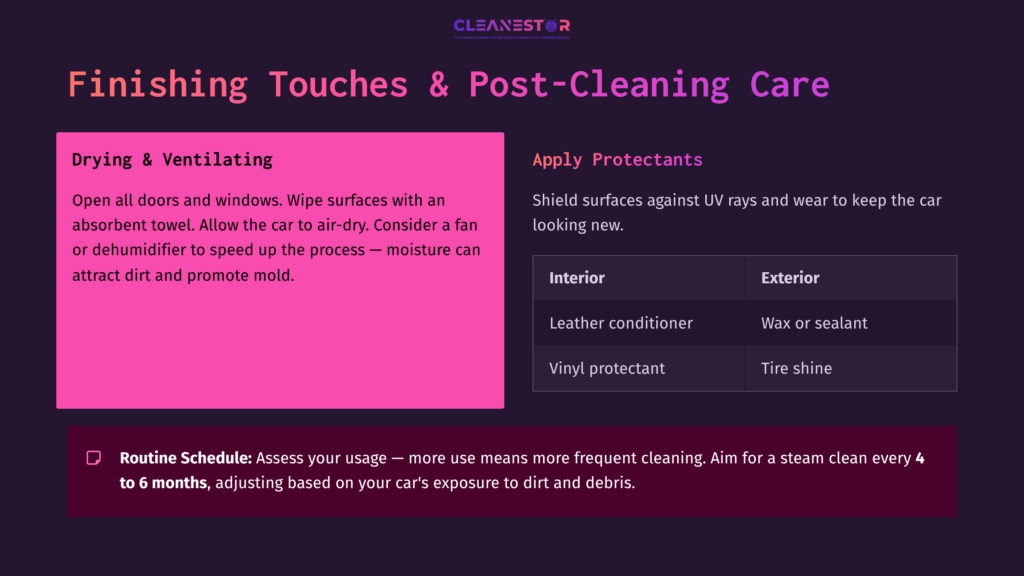 Bright Pink Box Highlighting Tips For Drying And Protecting Car Surfaces, With A Dark Background And Organized Text Sections For Easy Reading.