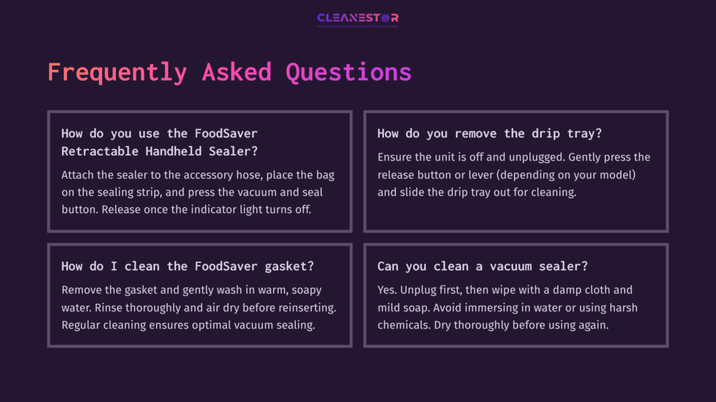 Desktop Layout With Four Faqs About Cleaning The Foodsaver Handheld Sealer, Featuring Bold Text, White Boxes, And A Dark Background.