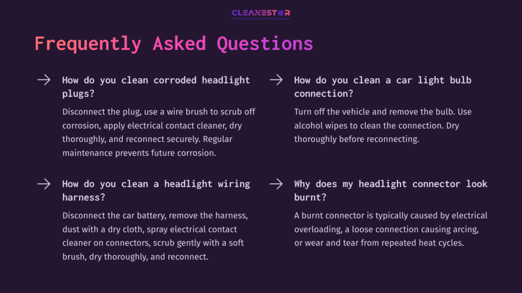 9 Frequently Asked Questions 12 A Text Layout With Faqs About Cleaning Headlight Connectors, Featuring A Purple Background And White Text In A Clear, Organized Format.