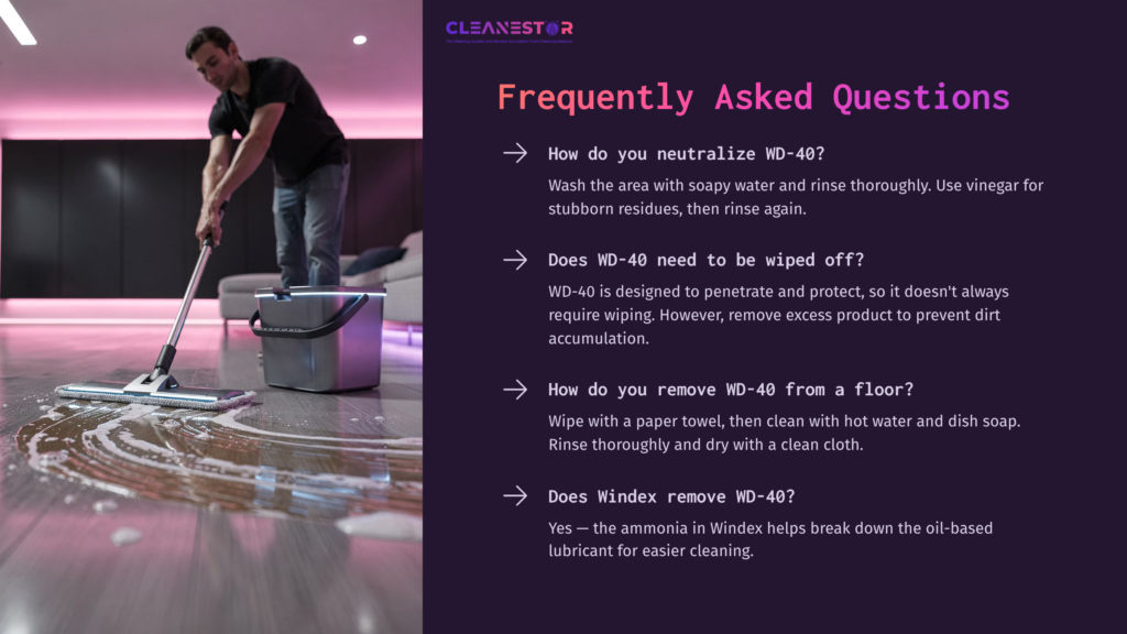 A Person Cleaning A Floor With A Mop, Surrounded By Droplets Of Liquid, With A Purple And Black Background Featuring Faq Text About Wd-40 Removal.