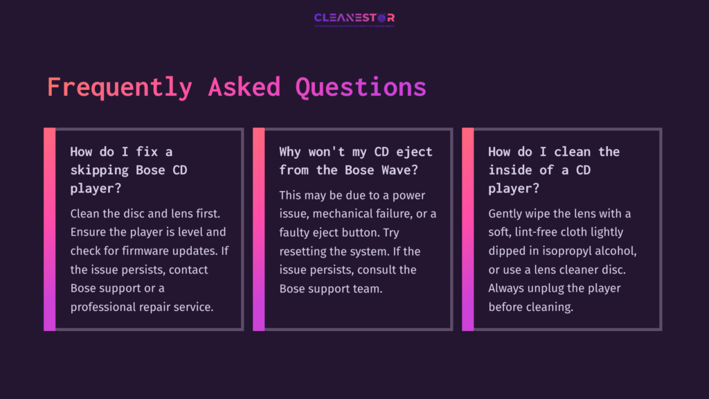 Three Colorful Panels With White Text On A Dark Background. Topics Include Troubleshooting Cd Issues And Cleaning Instructions For A Bose Cd Player.