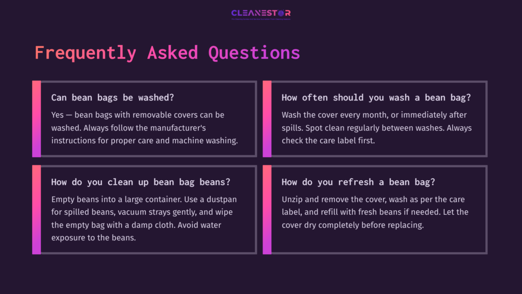 Four Sections With Text On A Dark Background, Featuring Faqs About Cleaning Bean Bags. Colors Include Purple And White For Headings And Text.