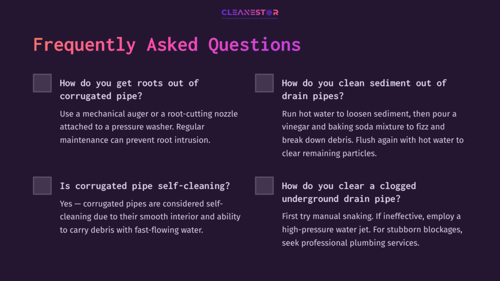 Faqs Section With Questions About Cleaning Drain Pipes, Featuring Bold Text, Checkboxes, And A Vibrant Purple Background.