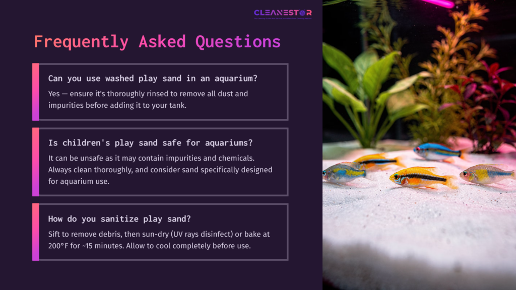Brightly Colored Fish Swimming In An Aquarium Filled With Clean Play Sand, Alongside A Purple Faq Box With White Text About Cleaning And Safety.
