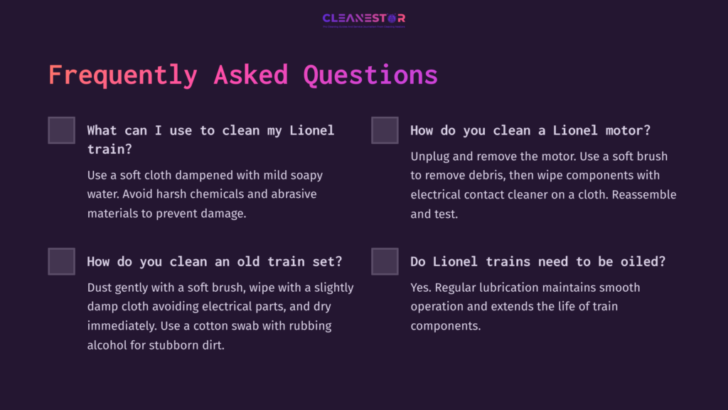 Text On A Faq Page With Questions About Cleaning Lionel Trains, Featuring A Purple And Black Color Scheme, And Checkboxes Beside Each Question.