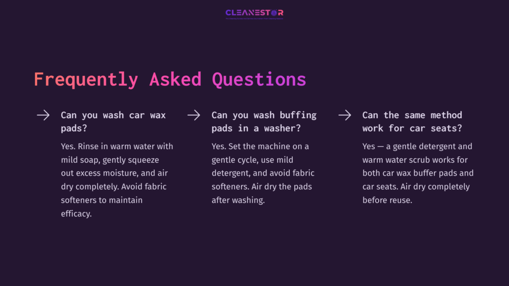 Dark Purple Background With White Text Outlining Faqs About Cleaning Car Wax Buffer Pads, Including Washing Methods And Care Tips.