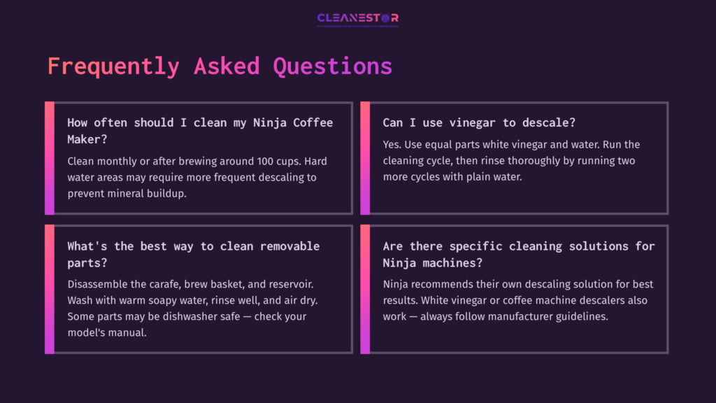Four Question-And-Answer Boxes On A Dark Background, Detailing Cleaning Tips For Ninja Coffee Makers, Using Purple And White Text.