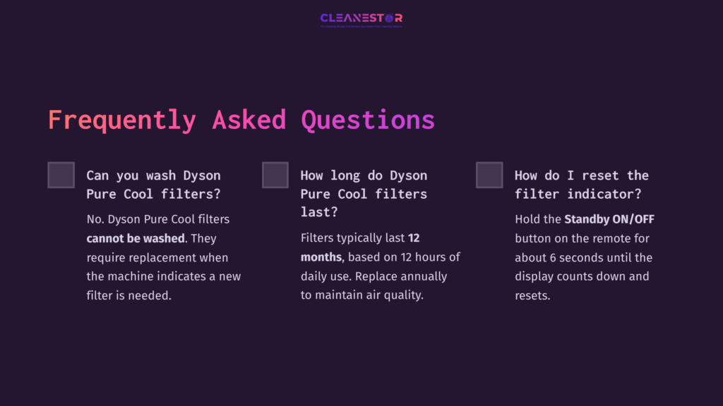 Purple Background With White Text Headers For Faqs About Dyson Pure Cool Filters, Featuring Checkboxes And Detailed Questions.