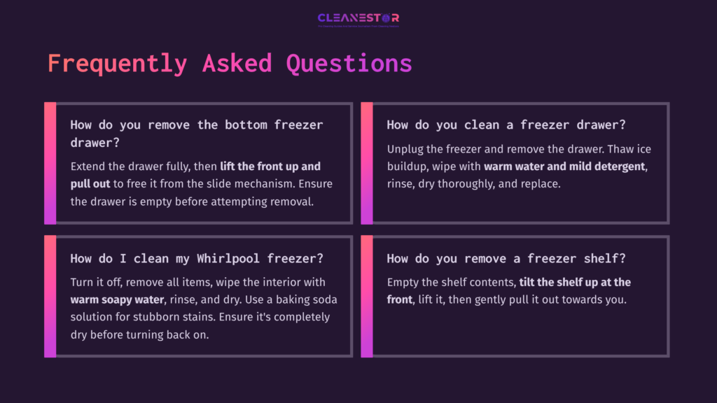 9 Frequently Asked Questions 9 Text Blocks With Faqs On Cleaning A Whirlpool Freezer Drawer, Featuring White And Purple Backgrounds, Clear Headings, And Structured Layout.