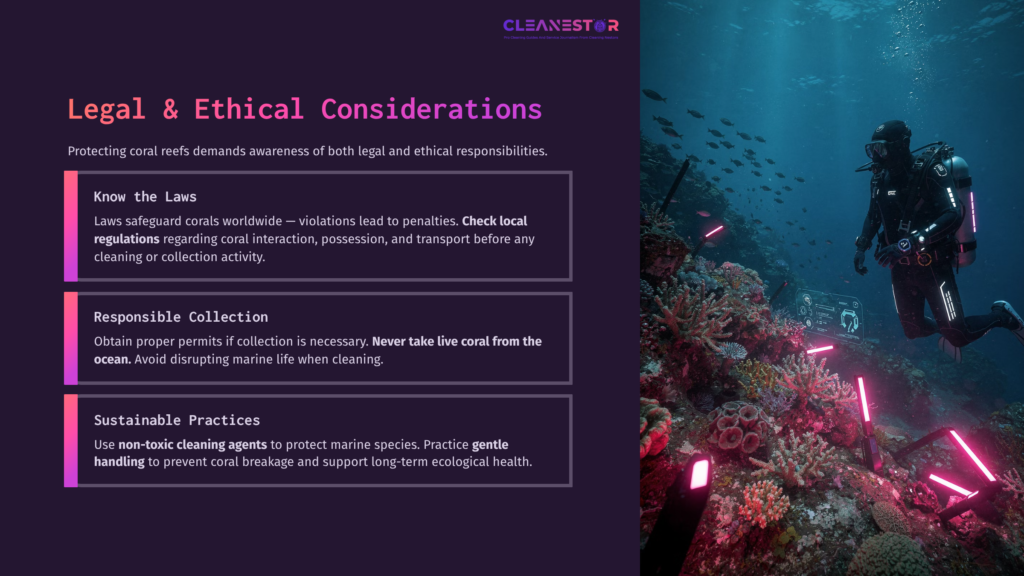 A Diver Cleans Coral Underwater, Surrounded By Vibrant Marine Life, With Text About Legal, Ethical, And Sustainable Coral Cleaning Practices.