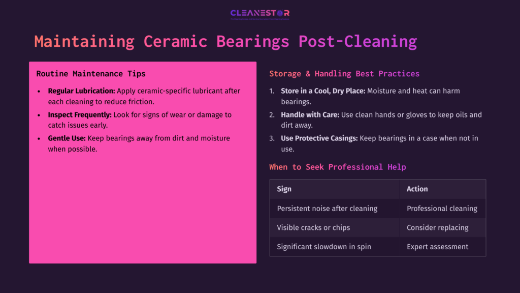 Text-Heavy Infographic On Maintaining Ceramic Bearings, Featuring Tips On Cleaning, Storage, And When To Seek Professional Help, Against A Purple Background.