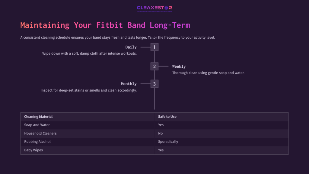 Flowchart On Maintaining A Fitbit Band, Outlining Daily, Weekly, And Monthly Cleaning Steps With A Table Of Cleaning Materials And Their Safety.