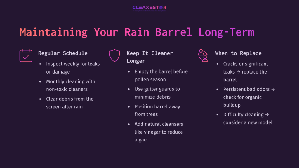 Text On A Dark Background Outlining Rain Barrel Maintenance Tips, Featuring Sections On Cleaning Schedules, Longevity, And Replacement Signs.