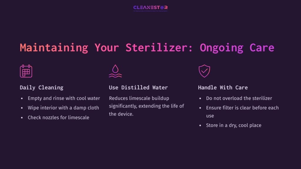 Purple Background With White Text And Icons Providing Tips For Cleaning A Philips Avent Sterilizer, Emphasizing Ongoing Care And Maintenance.