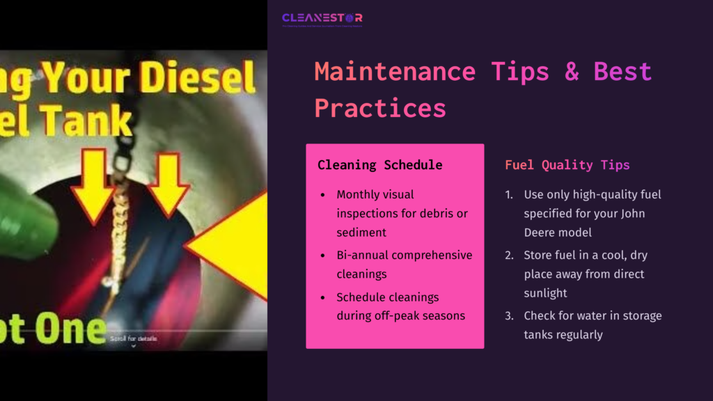9 Maintenance Tips And Best Practices Illustration Showing A Fuel Tank With A Warning About Diesel, Alongside Maintenance Tips On A Dark Purple Background.