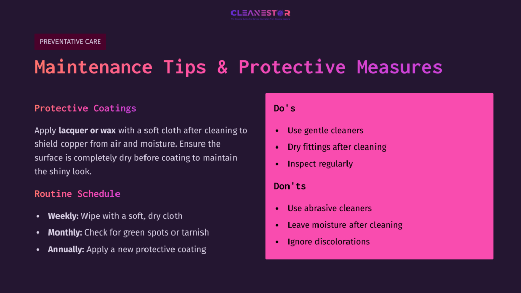 A Colorful Infographic With Maintenance Tips For Copper Fittings, Featuring A Pink And Purple Color Scheme, Listing Do'S And Don'Ts With Icons.
