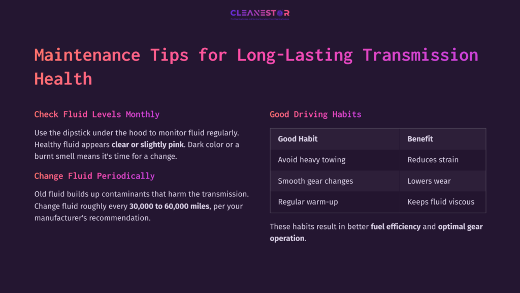 Header In Bold Purple Text Reads &Quot;Maintenance Tips For Long-Lasting Transmission Health.&Quot; Below, Tips On Checking Fluid Levels And Good Driving Habits Are Listed In Clear, Contrasting Text.