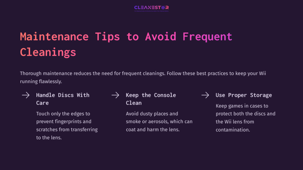 Maintenance Tips With A Dark Purple Background, White Text, And Pink Accents. Highlights Include Cleaning Console Edges, Avoiding Dust, And Proper Storage.