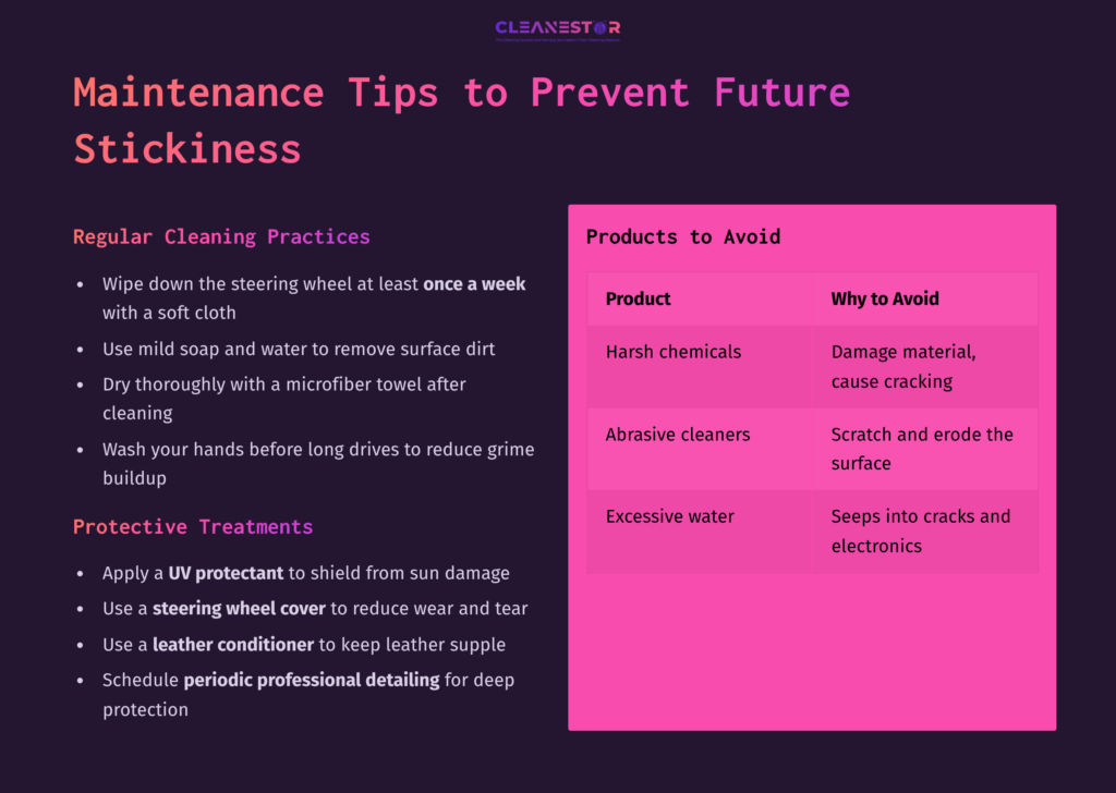 Text-Based Infographic Featuring Maintenance Tips For Preventing Sticky Steering Wheels, With Cleaning Practices And Products To Avoid Highlighted.