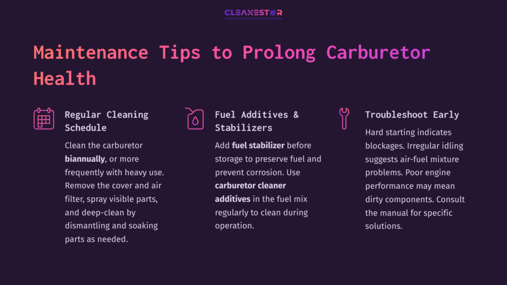 Text On A Dark Purple Background Outlines Maintenance Tips For Carburetor Health, Featuring Icons For Cleaning, Additives, And Troubleshooting.