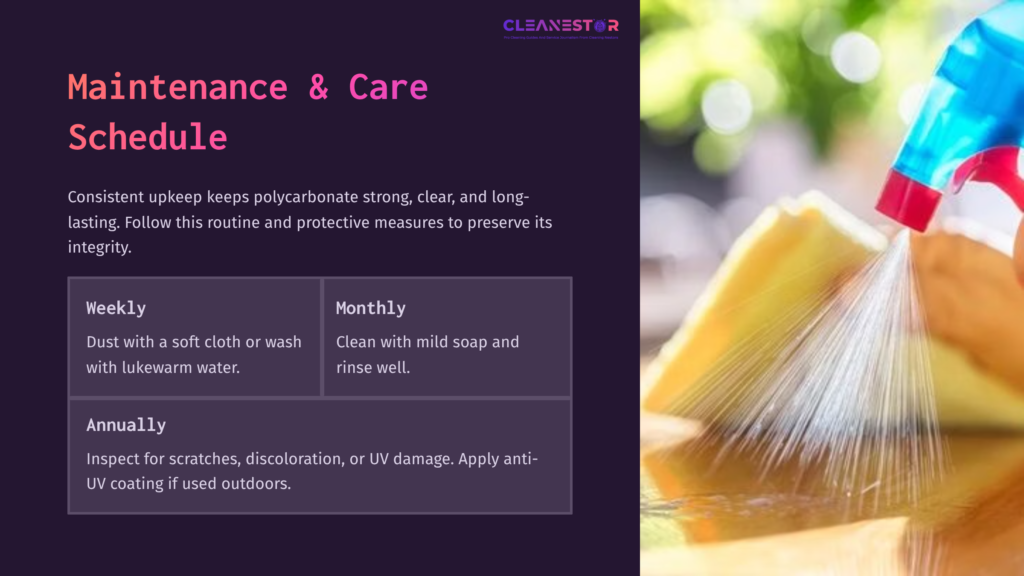 9 Maintenance And Care Schedule 1 Colorful Graphic Showing A Maintenance Schedule For Polycarbonate Plastic, With A Spray Bottle, Cleaning Cloth, And Text Outlines For Weekly, Monthly, And Annual Care.