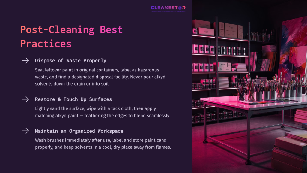 9 Post Cleaning Best Practices Graphic With Text Outlining Best Practices For Cleaning Alkyd Paint, Featuring A Workspace With Shelves Of Paint, Tools, And A Well-Lit Table.