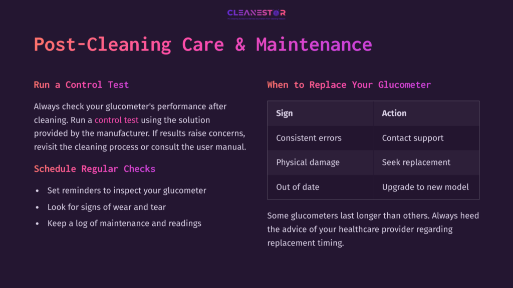 9 Post Cleaning Care And Maintenance Text On A Dark Purple Background Detailing Glucometer Maintenance, Including Cleaning Tips, Checks, And Replacement Signs.