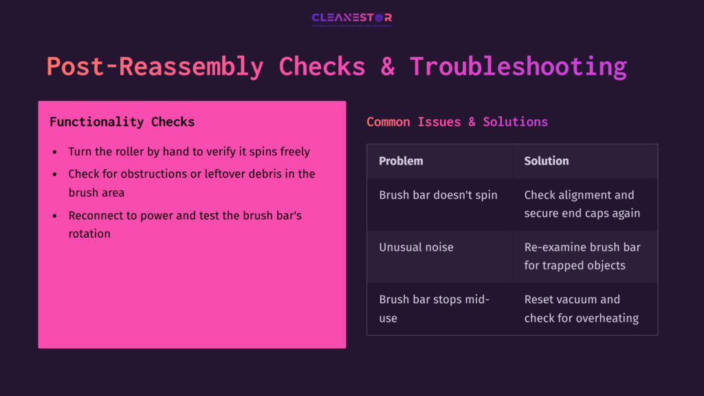 Graphic Featuring Post-Assembly Checks For A Dyson Brush, With A Pink Section For Functionality Checks And A Dark Section Listing Common Issues And Solutions.