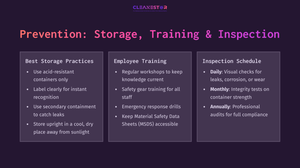 9 Prevention Storage Training And Inspection Text Box Listing Best Practices For Handling Sulfuric Acid, Including Safety Measures, Training, And Inspection Schedules, On A Dark Purple Background.