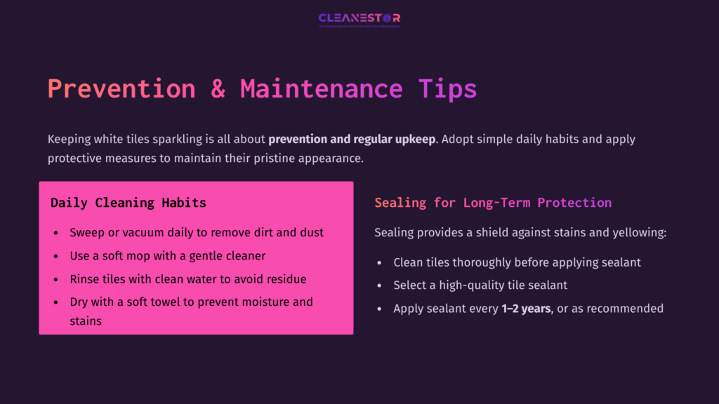 9 Prevention And Maintenance Tips Bright Purple And Pink Graphic Featuring Cleaning Tips With Bold Headings. Text Emphasizes Daily Cleaning Habits And Sealing For Tile Maintenance.