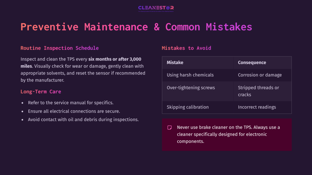 Purple Background With White Text Outlining Preventive Maintenance Tips For A Throttle Position Sensor, Including Maintenance Schedule And Common Mistakes.