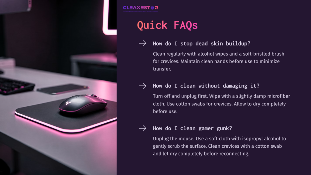A Computer Mouse On A Desk With Pink Ambient Lighting, Accompanied By Faqs About Cleaning Techniques And Precautions.