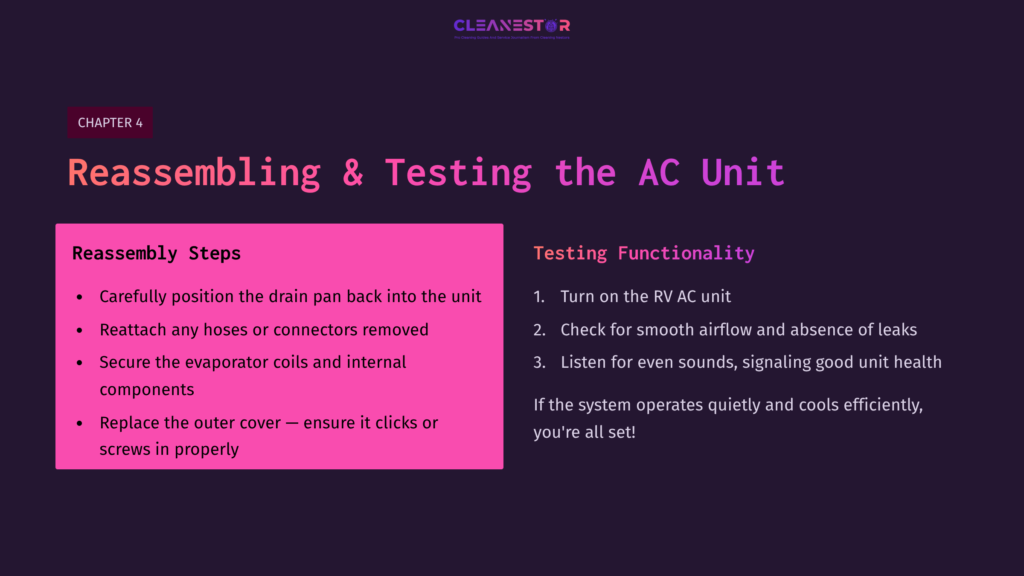 Pink And Purple Text Outlines Steps For Reassembling And Testing An Rv Air Conditioner Unit, With Clear Headings And Bullet Points.