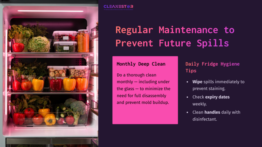 Brightly Lit Ge Fridge Showcasing Colorful Fruits And Vegetables On Shelves, Alongside Maintenance Tips For Hygiene And Cleaning.