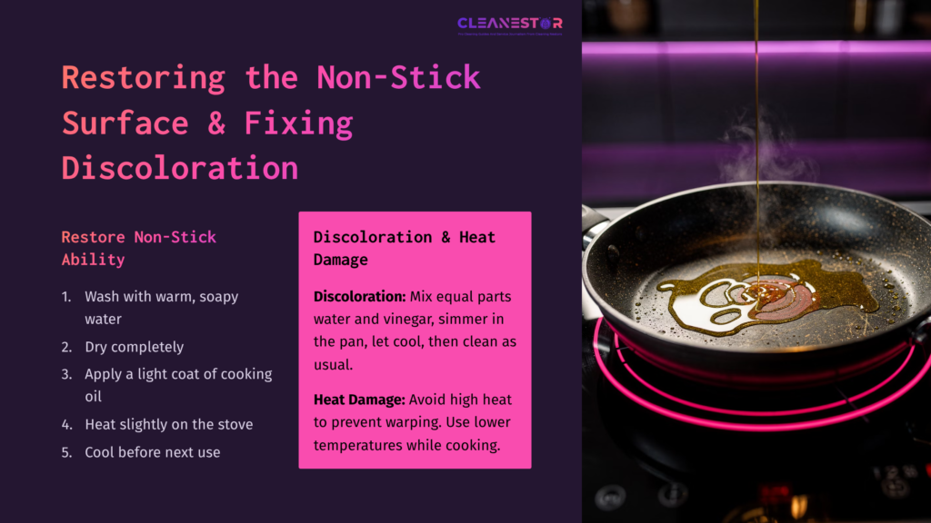9 Restoring The Non Stick Surface And Fixing Discoloration Instructions For Cleaning A Gotham Steel Pan, Featuring A Pan On A Stovetop With Oil And Vinegar Mixture, Highlighted Tips In Pink And Purple Text.
