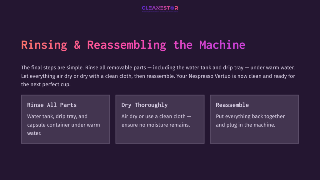 Instructions For Cleaning A Nespresso Vertuo Machine, Featuring Sections On Rinsing, Drying, And Reassembling Parts Against A Dark Purple Background.