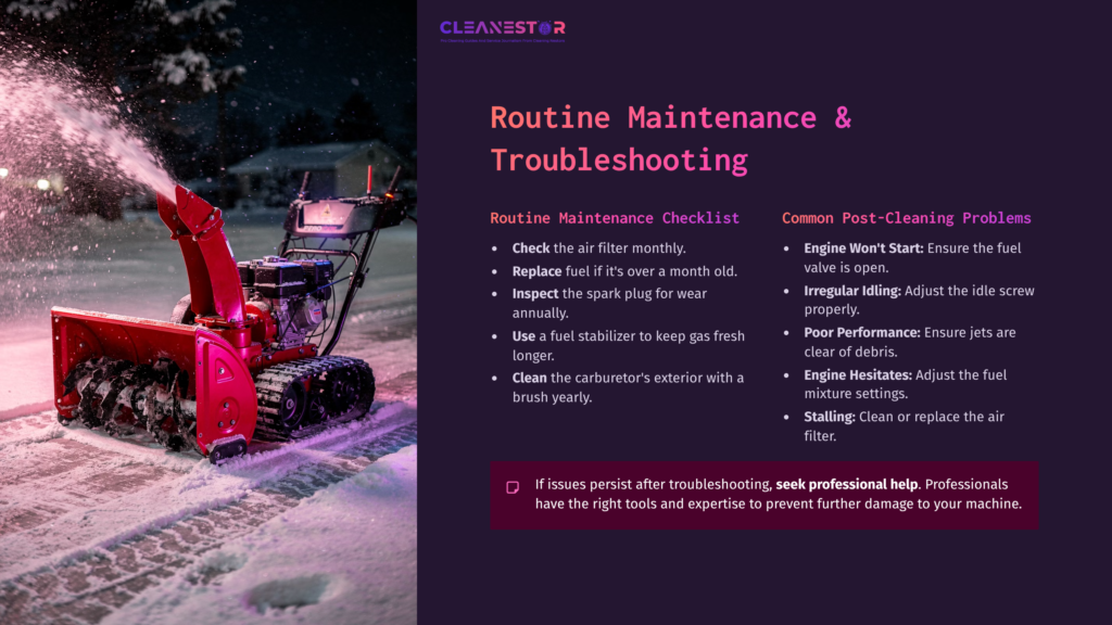 9 Routine Maintenance And Troubleshooting A Purple-Tinted Graphic Featuring A Pink Troy Bilt Storm 2410 Snowblower In Action, With Maintenance Tips And Troubleshooting Checklist.