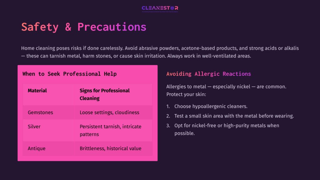 9 Safety And Precautions Text-Heavy Infographic On Earring Cleaning Safety, Featuring A Pink Header And Purple Background With Lists On Materials, Precautions, And Professional Help.