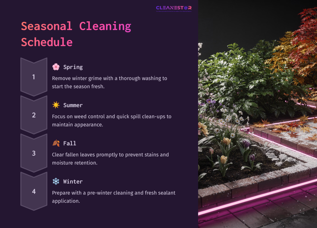 Seasonal Cleaning Schedule Graphic With Colorful Landscaping And Text Outlining Cleaning Tasks For Spring, Summer, Fall, And Winter.