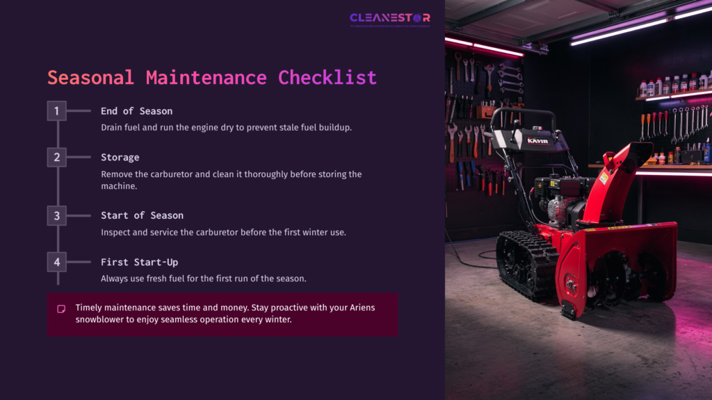 9 Seasonal Maintenance Checklist A Red Ariens Snowblower Is Positioned In A Well-Lit Garage With Tools And A Maintenance Checklist Displayed On A Dark Purple Background.