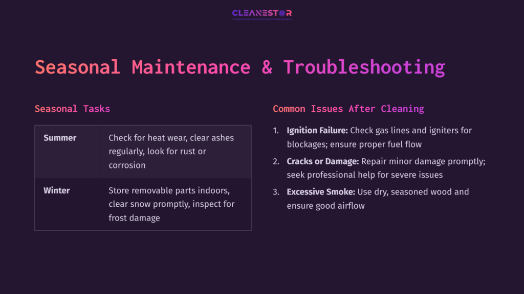 9 Seasonal Maintenance And Troubleshooting Text On A Dark Purple Background Outlines Seasonal Maintenance Tasks For Fire Pits, With Sections On Summer Tasks And Common Post-Cleaning Issues.