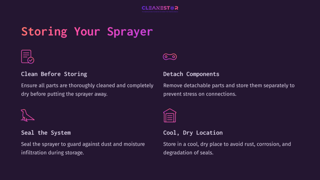 Purple Background With Pink And White Text Outlining Sprayer Storage Tips, Featuring Icons For Cleaning, Detaching Components, Sealing, And Storage Conditions.