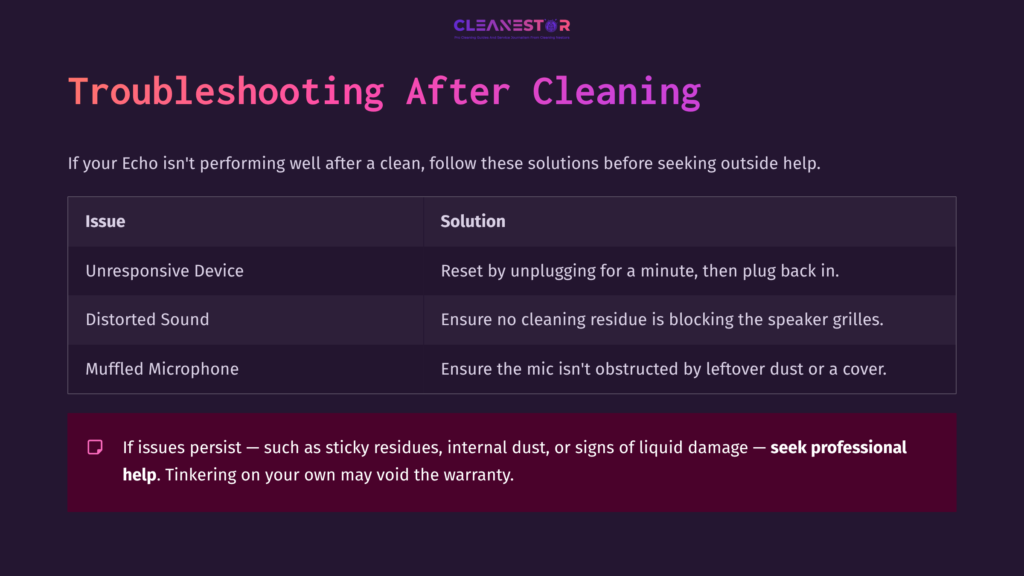 Table Outlining Troubleshooting Tips For An Echo Device After Cleaning, With Columns For Issues And Corresponding Solutions, On A Dark Background.